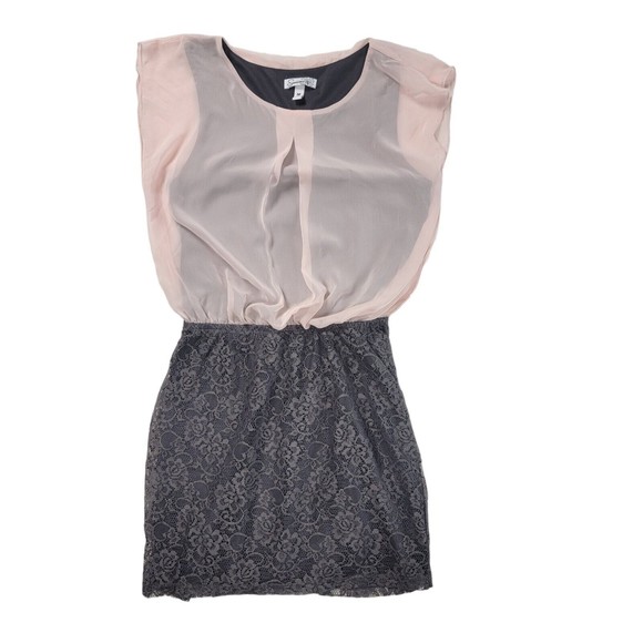 Speechless Mini Sleeveless Dress Blouson Top Sz M Skirt  Pink Chiffon Gray Lace - Picture 9 of 16